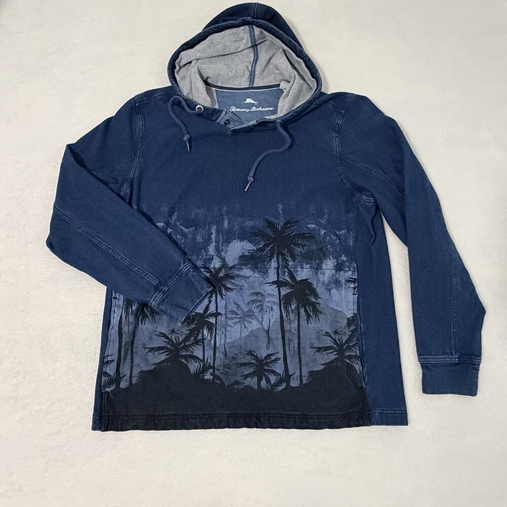 Tommy Bahama Hoodie Mens Small Blue Palm Tree Graphic Long Sleeve Henley Beach
